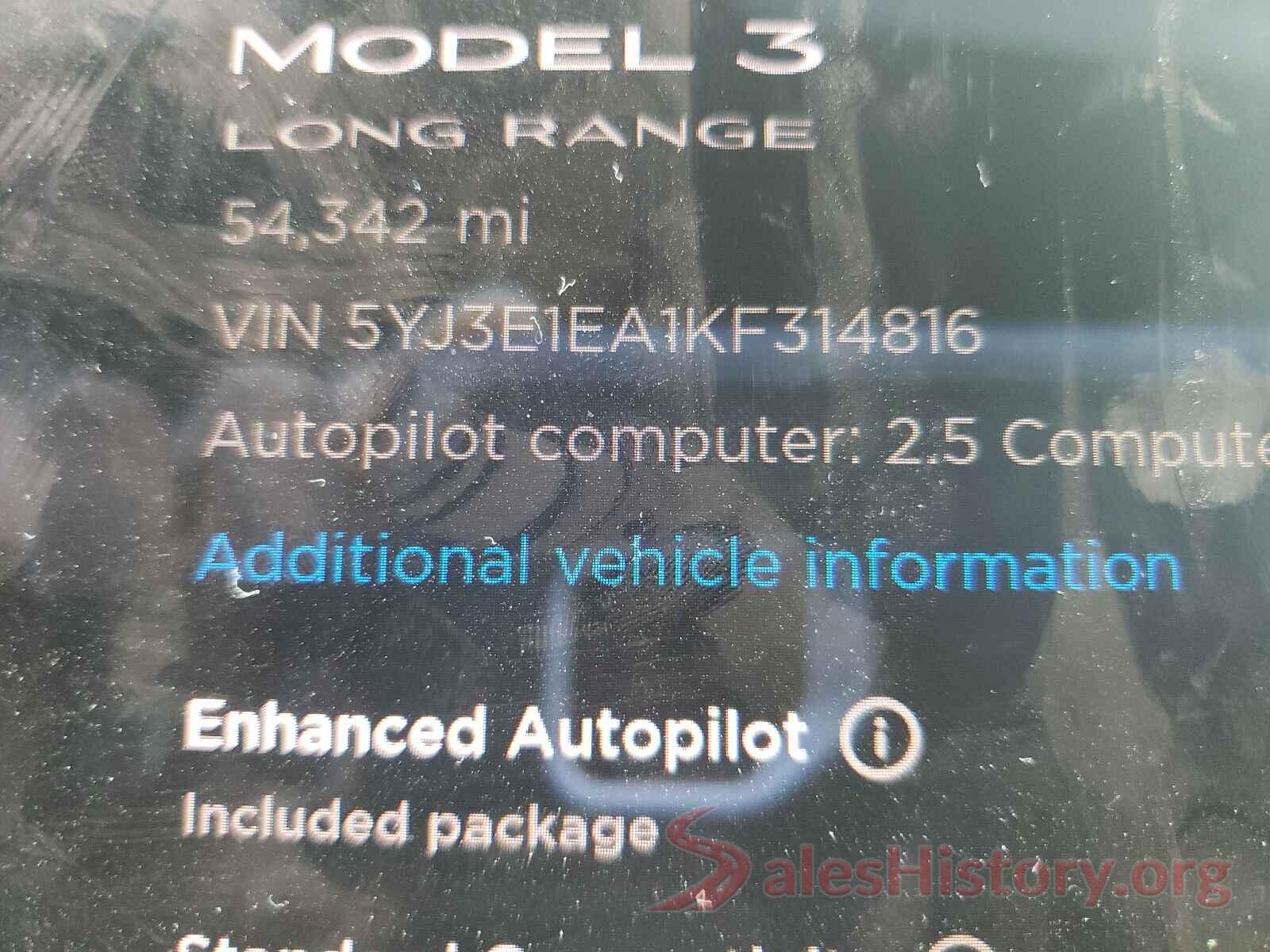 5YJ3E1EA1KF314816 2019 TESLA MODEL 3