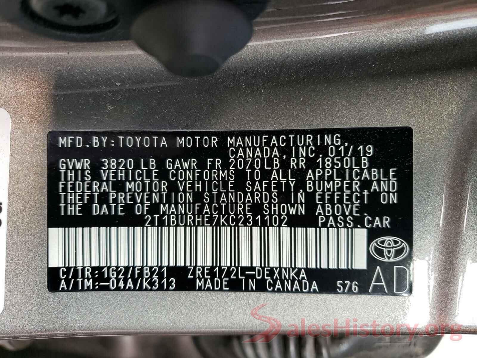 2T1BURHE7KC231102 2019 TOYOTA COROLLA