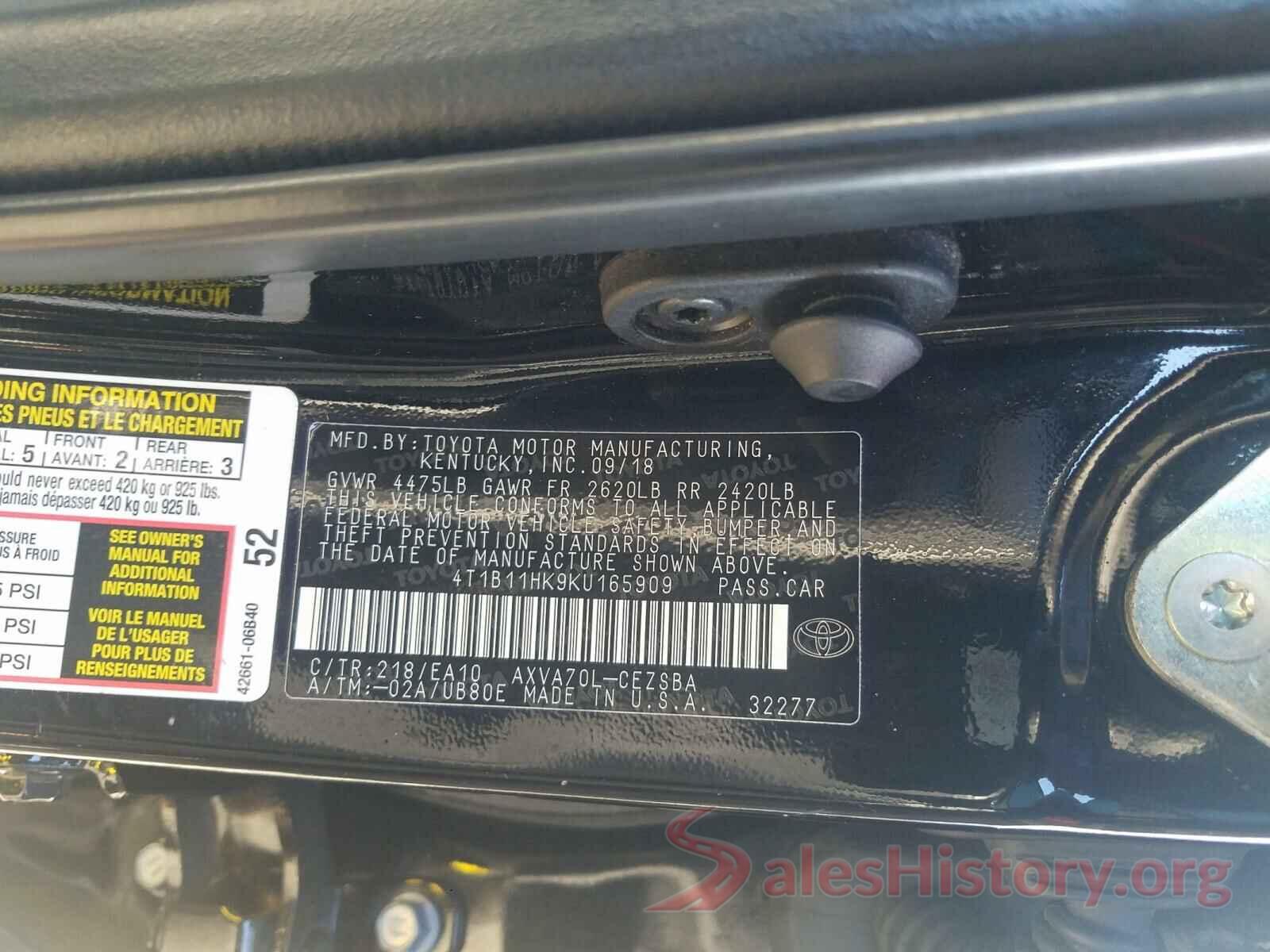 4T1B11HK9KU165909 2019 TOYOTA CAMRY