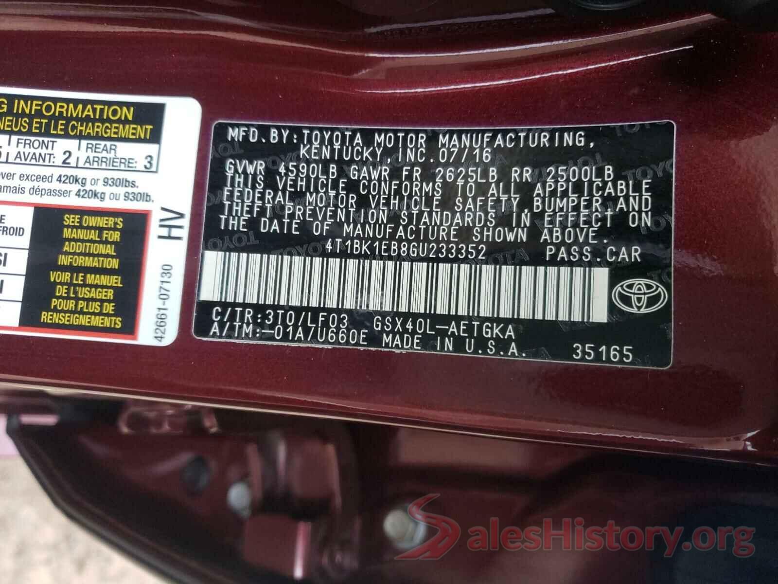 4T1BK1EB8GU233352 2016 TOYOTA AVALON