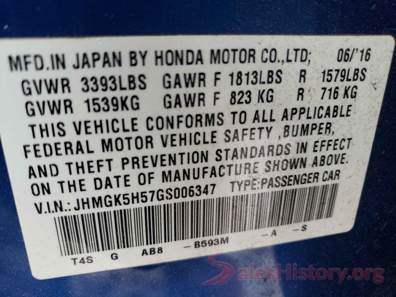 JHMGK5H57GS006347 2016 HONDA FIT