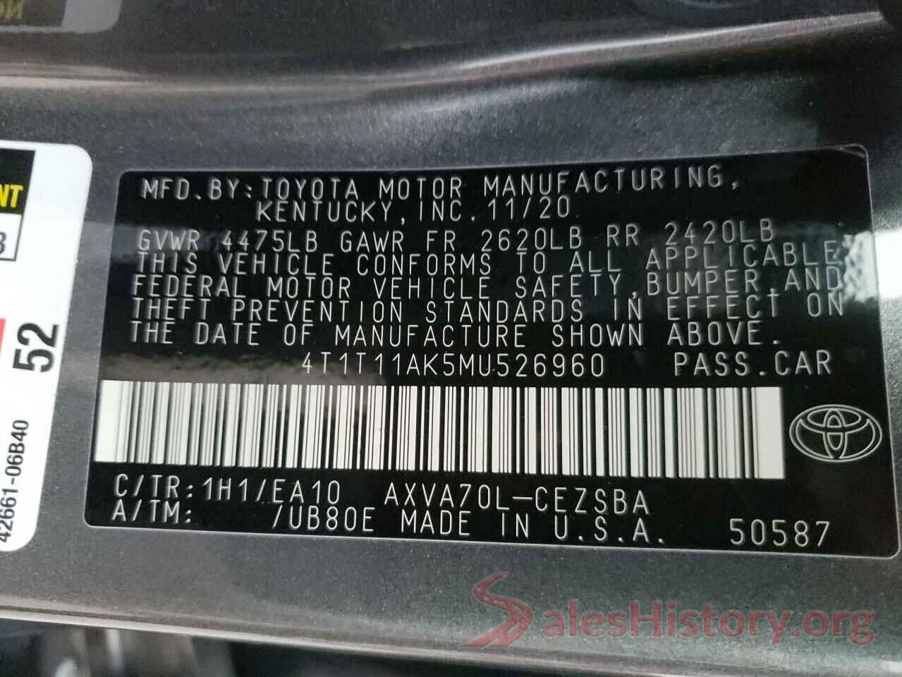 4T1T11AK5MU526960 2021 TOYOTA CAMRY