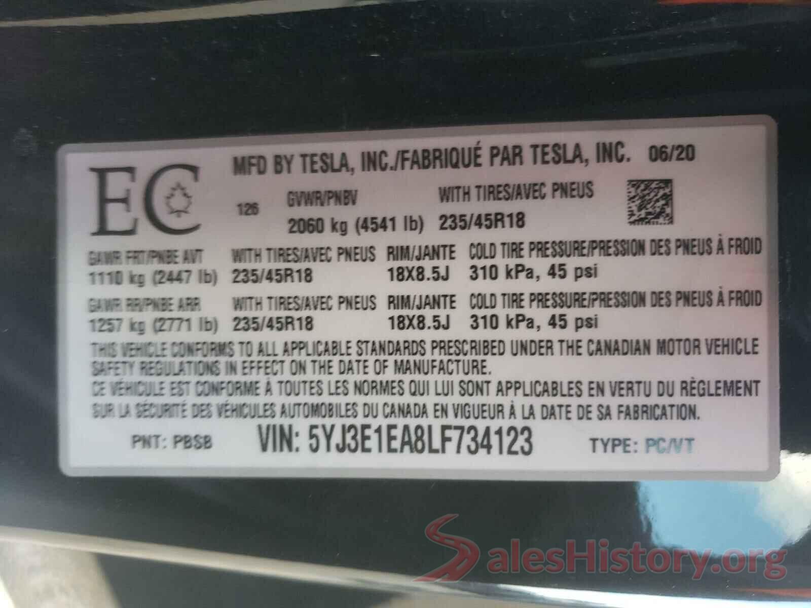 5YJ3E1EA8LF734123 2020 TESLA MODEL 3