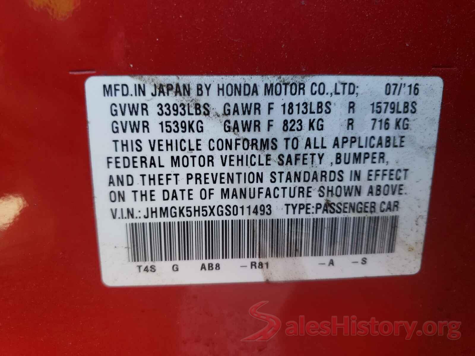 JHMGK5H5XGS011493 2016 HONDA FIT