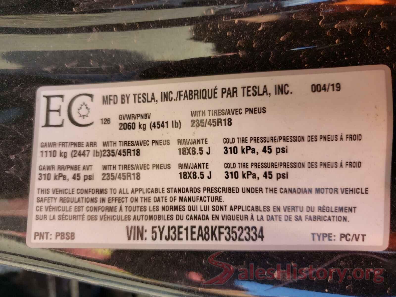 5YJ3E1EA8KF352334 2019 TESLA MODEL 3