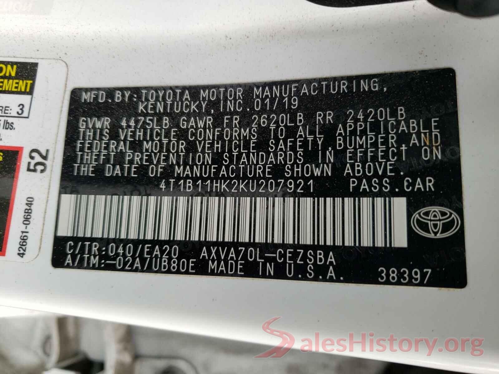 4T1B11HK2KU207921 2019 TOYOTA CAMRY