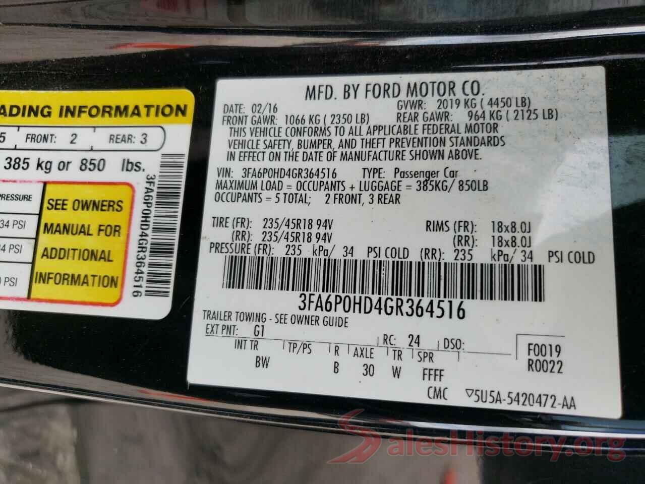 3FA6P0HD4GR364516 2016 FORD FUSION