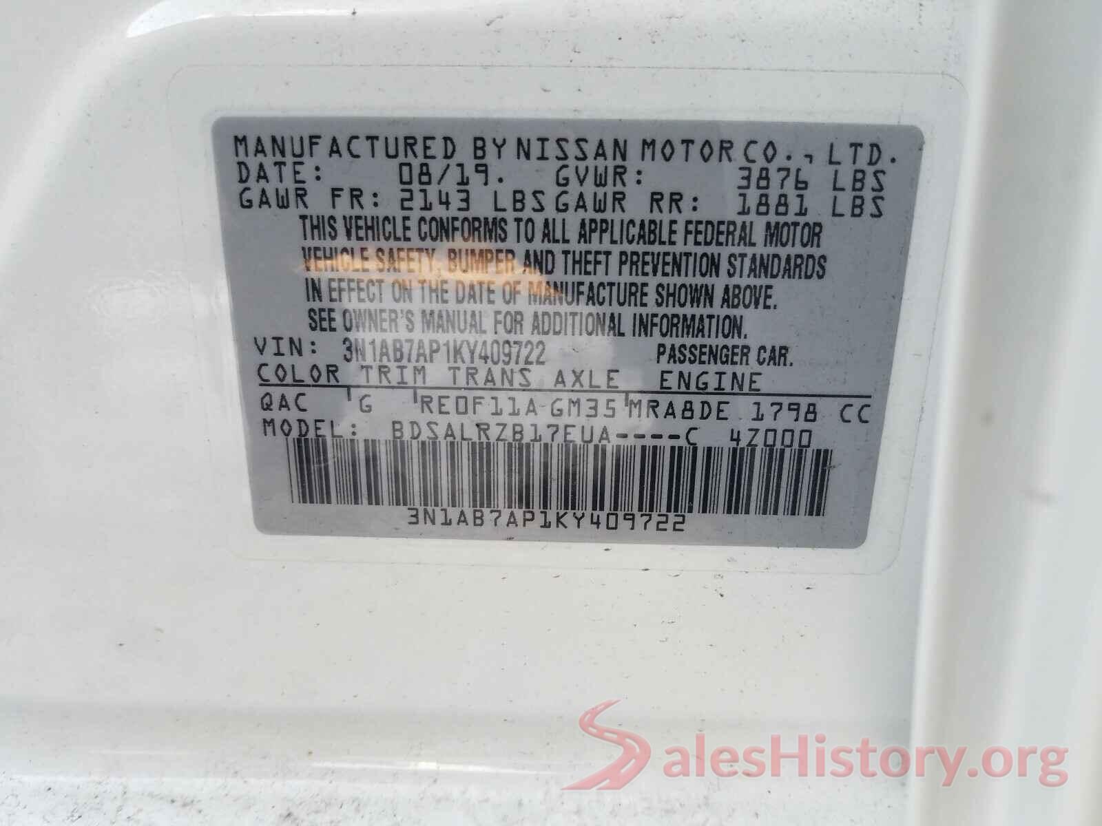 3N1AB7AP1KY409722 2019 NISSAN SENTRA