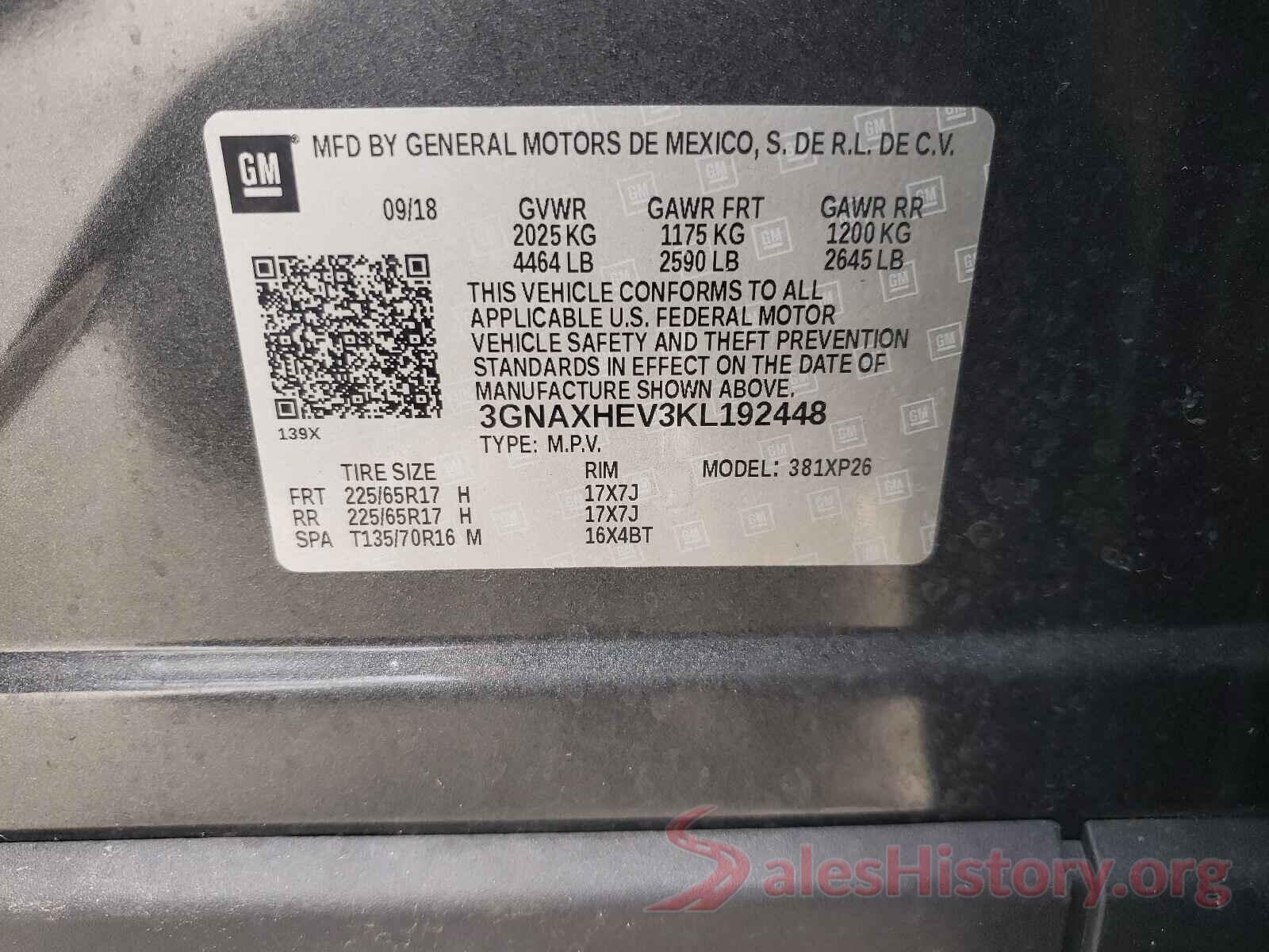 3GNAXHEV3KL192448 2019 CHEVROLET EQUINOX