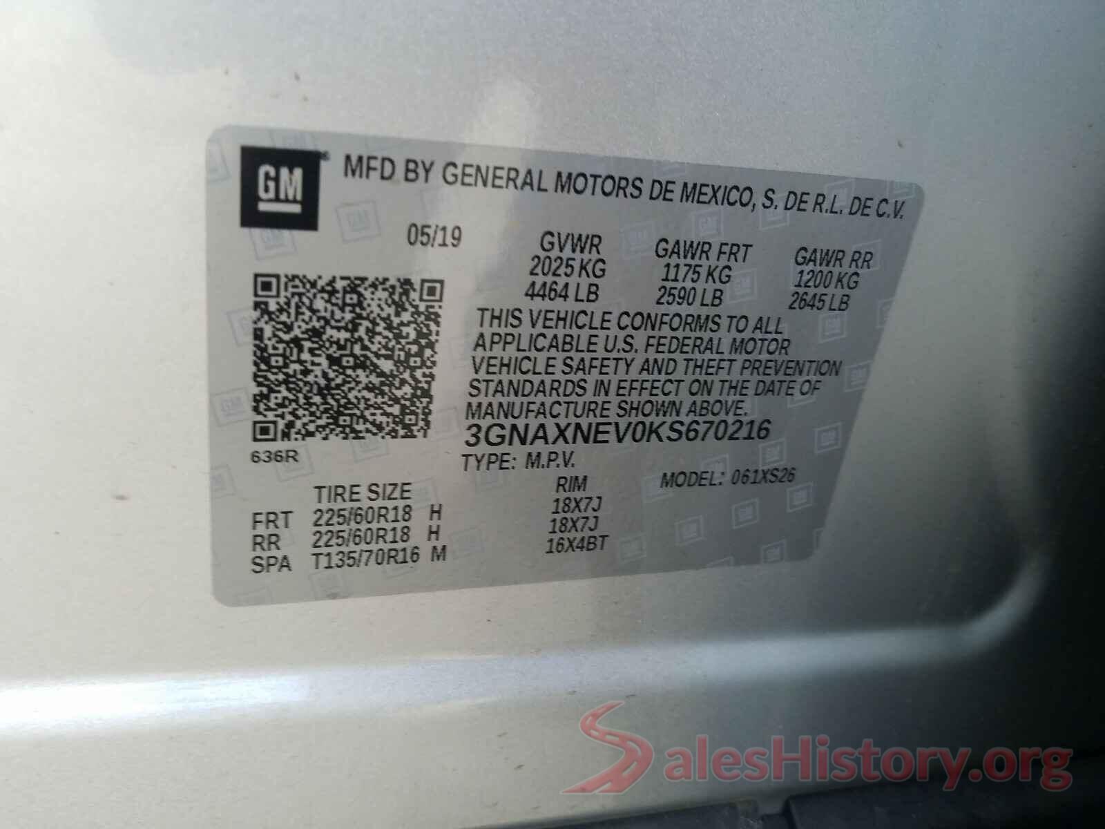 3GNAXNEV0KS670216 2019 CHEVROLET EQUINOX