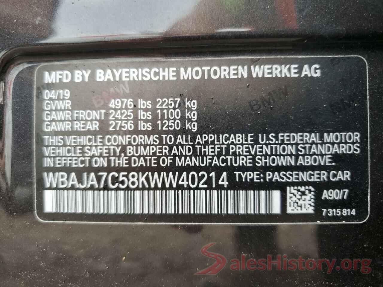 WBAJA7C58KWW40214 2019 BMW 5 SERIES