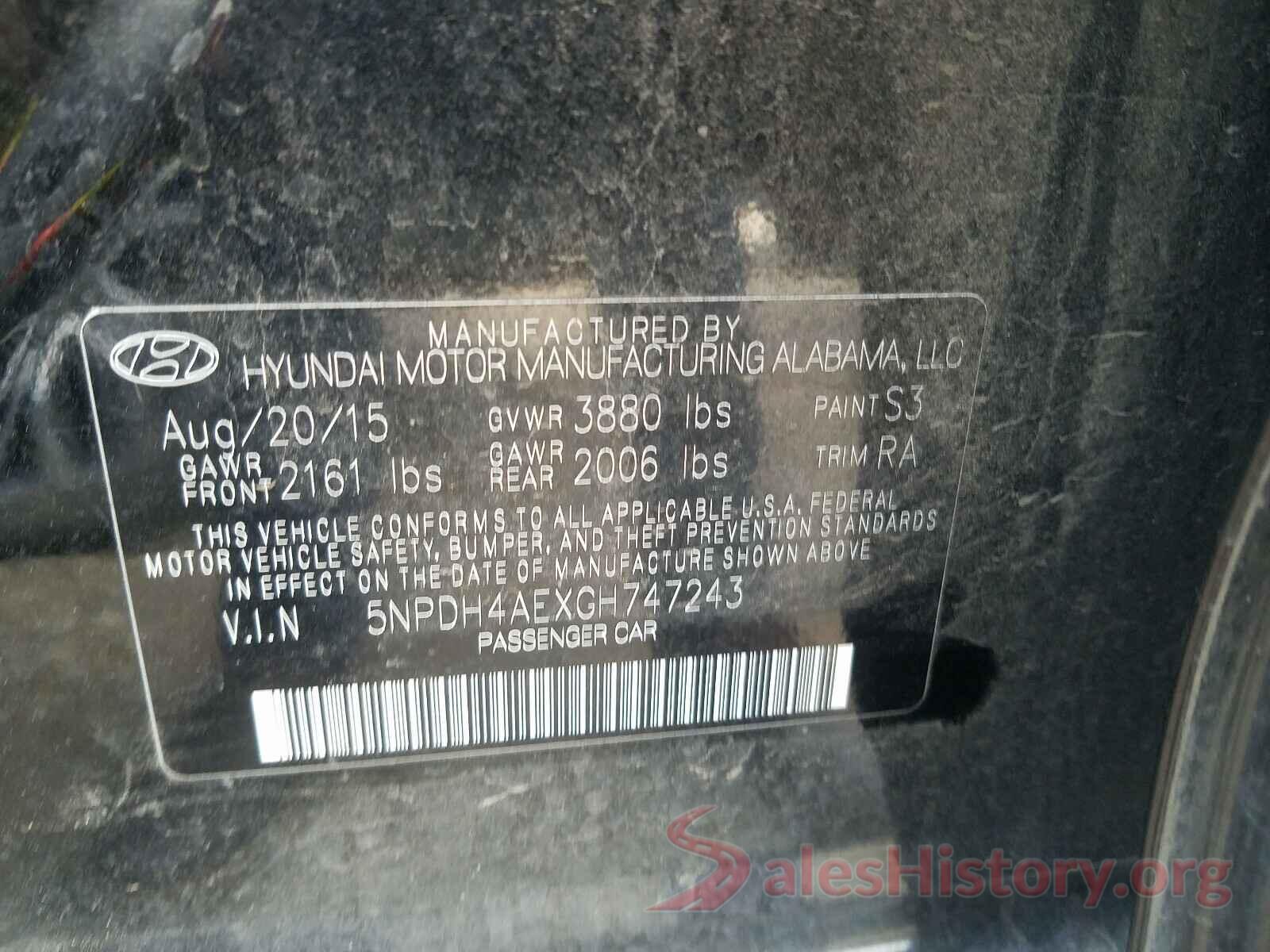 5NPDH4AEXGH747243 2016 HYUNDAI ELANTRA