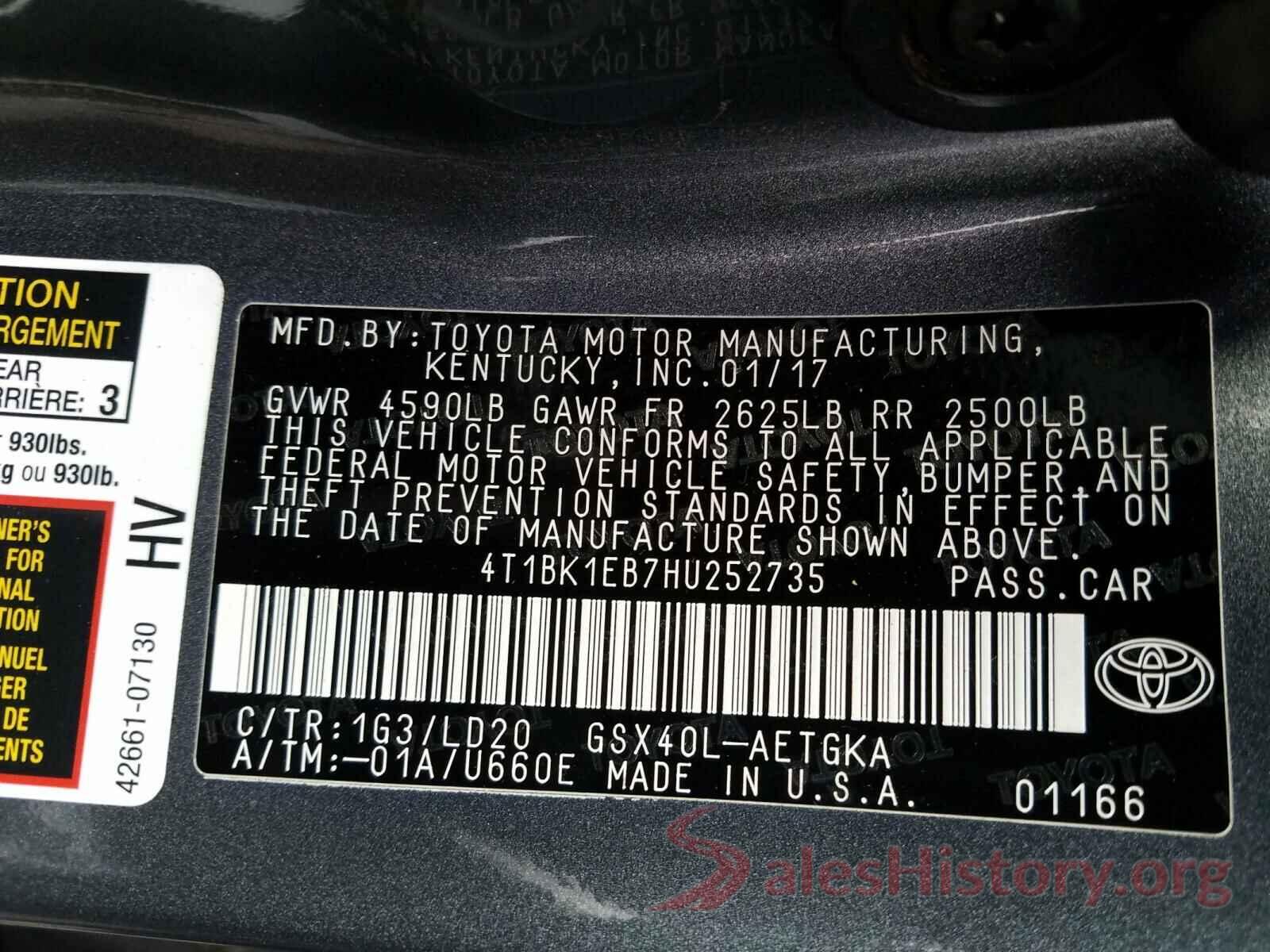 4T1BK1EB7HU252735 2017 TOYOTA AVALON