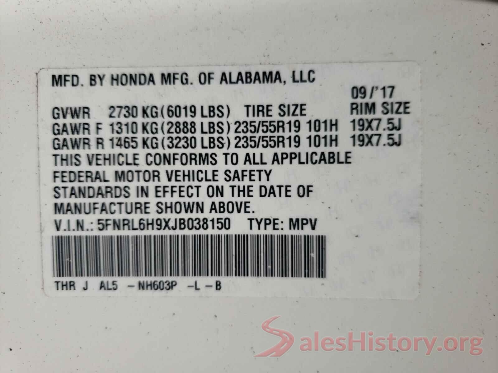 5FNRL6H9XJB038150 2018 HONDA ODYSSEY