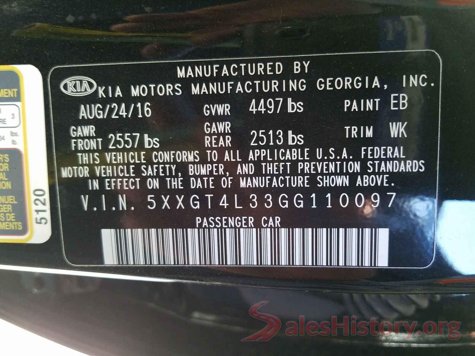 5XXGT4L33GG110097 2016 KIA OPTIMA