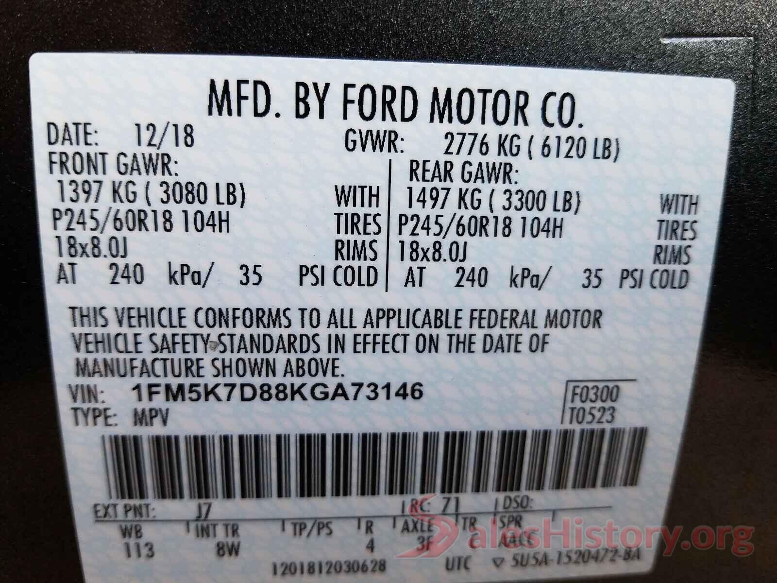 1FM5K7D88KGA73146 2019 FORD EXPLORER