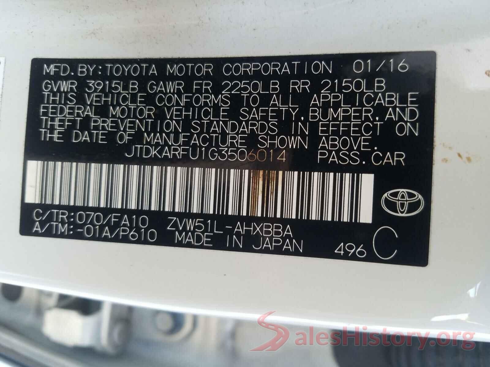 JTDKARFU1G3506014 2016 TOYOTA PRIUS