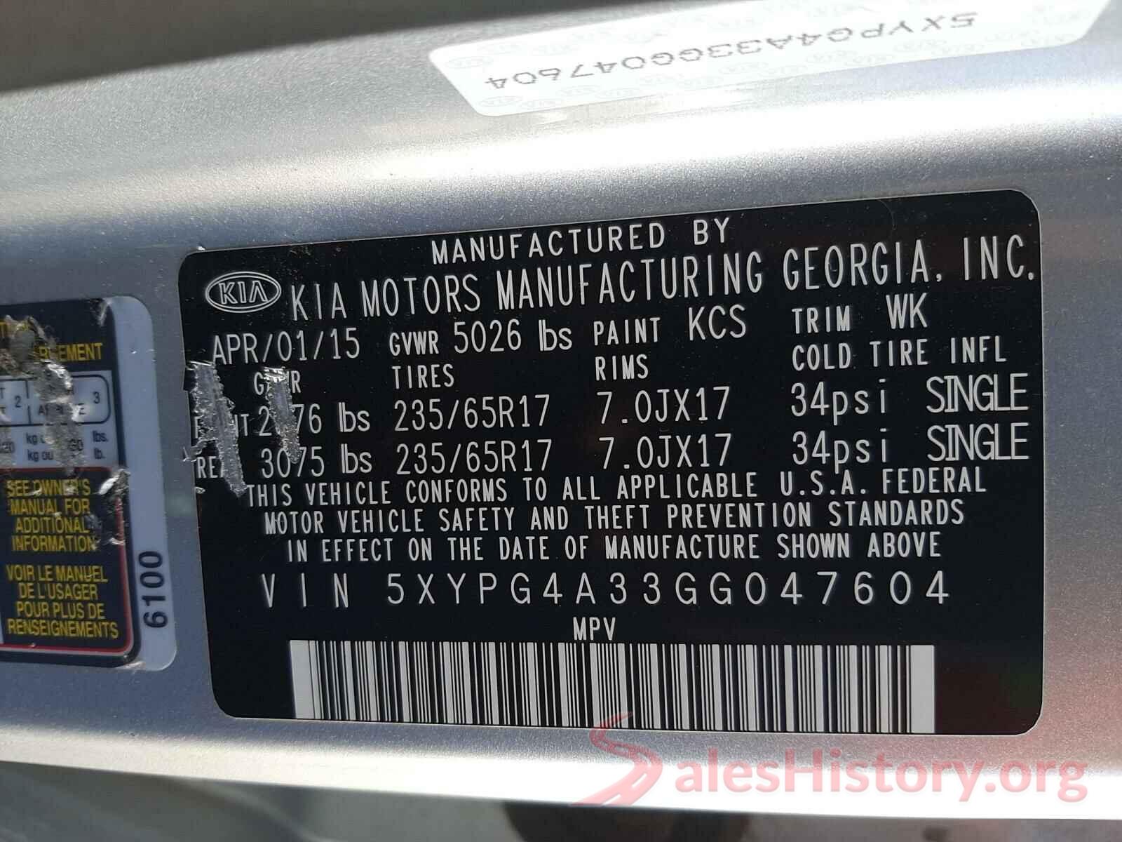 5XYPG4A33GG047604 2016 KIA SORENTO