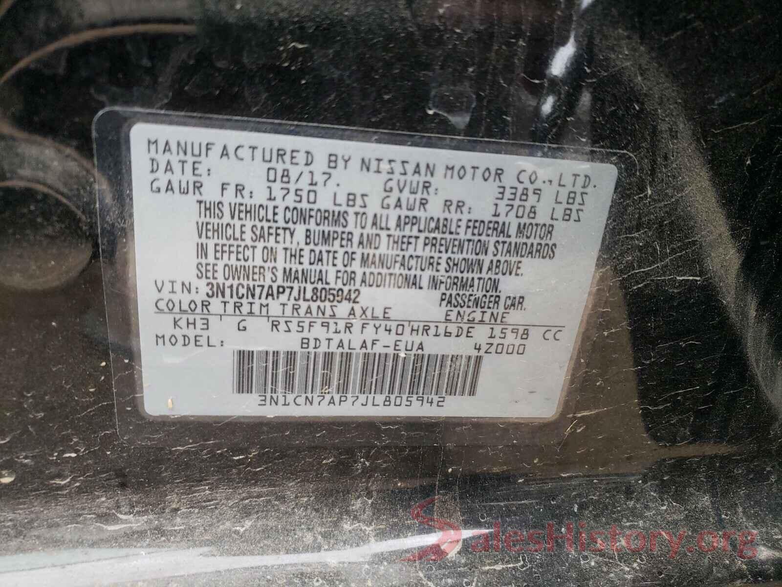 3N1CN7AP7JL805942 2018 NISSAN VERSA