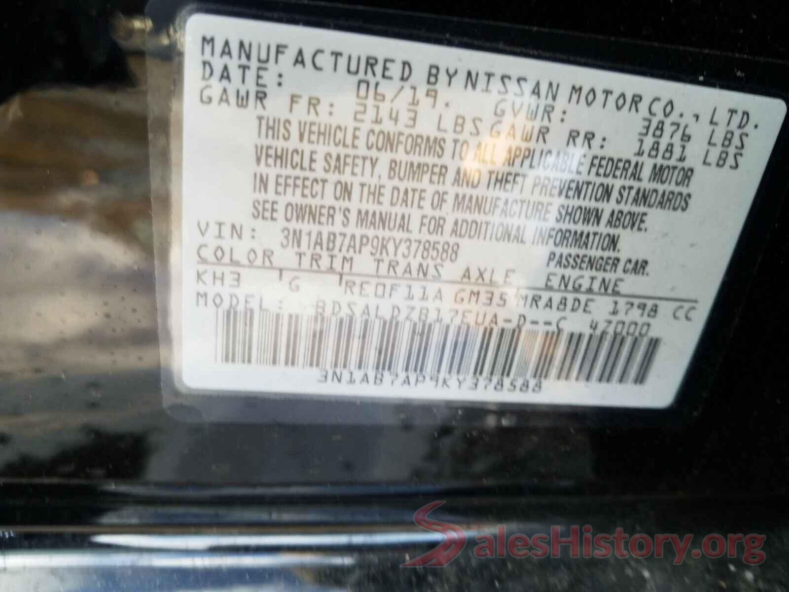 3N1AB7AP9KY378588 2019 NISSAN SENTRA