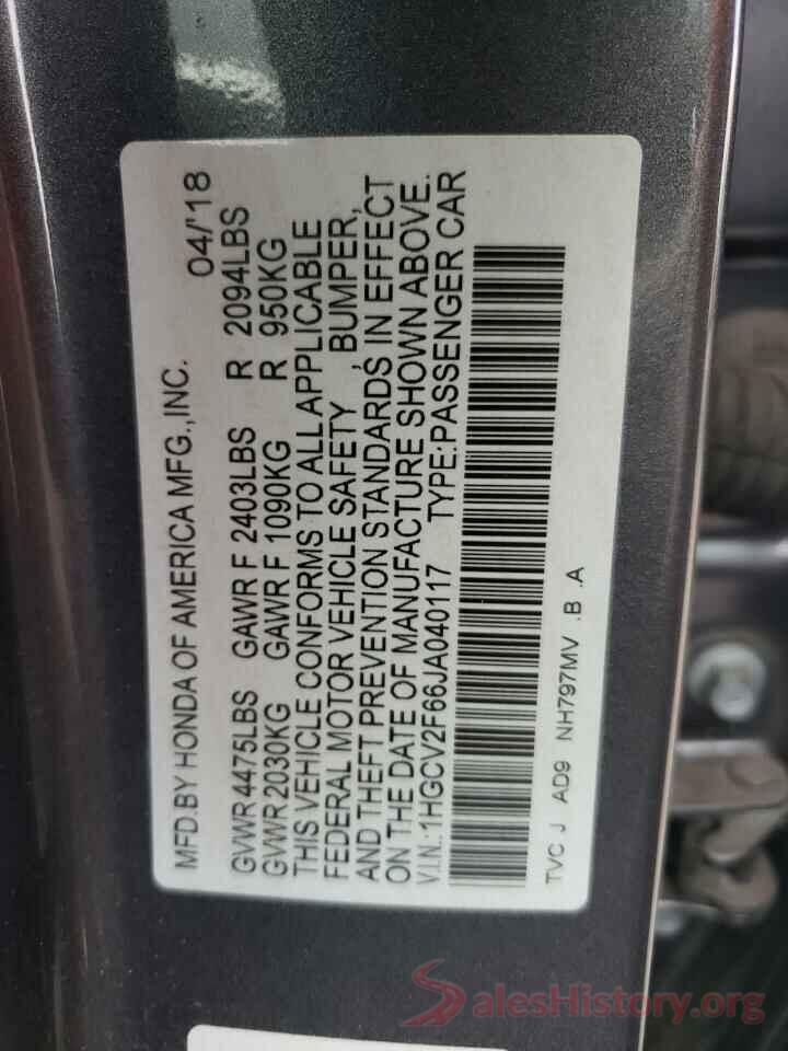 1HGCV2F66JA040117 2018 HONDA ACCORD