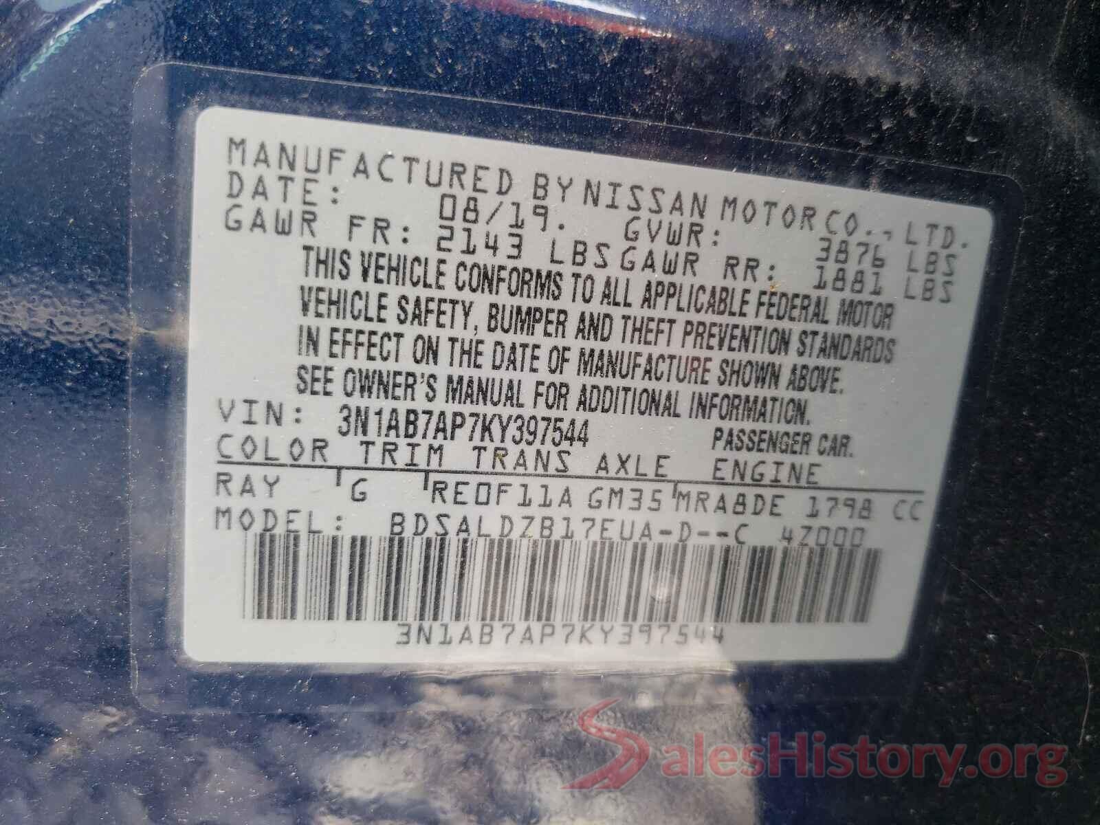 3N1AB7AP7KY397544 2019 NISSAN SENTRA