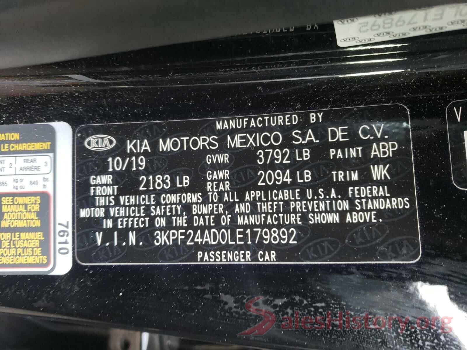 3KPF24AD0LE179892 2020 KIA FORTE