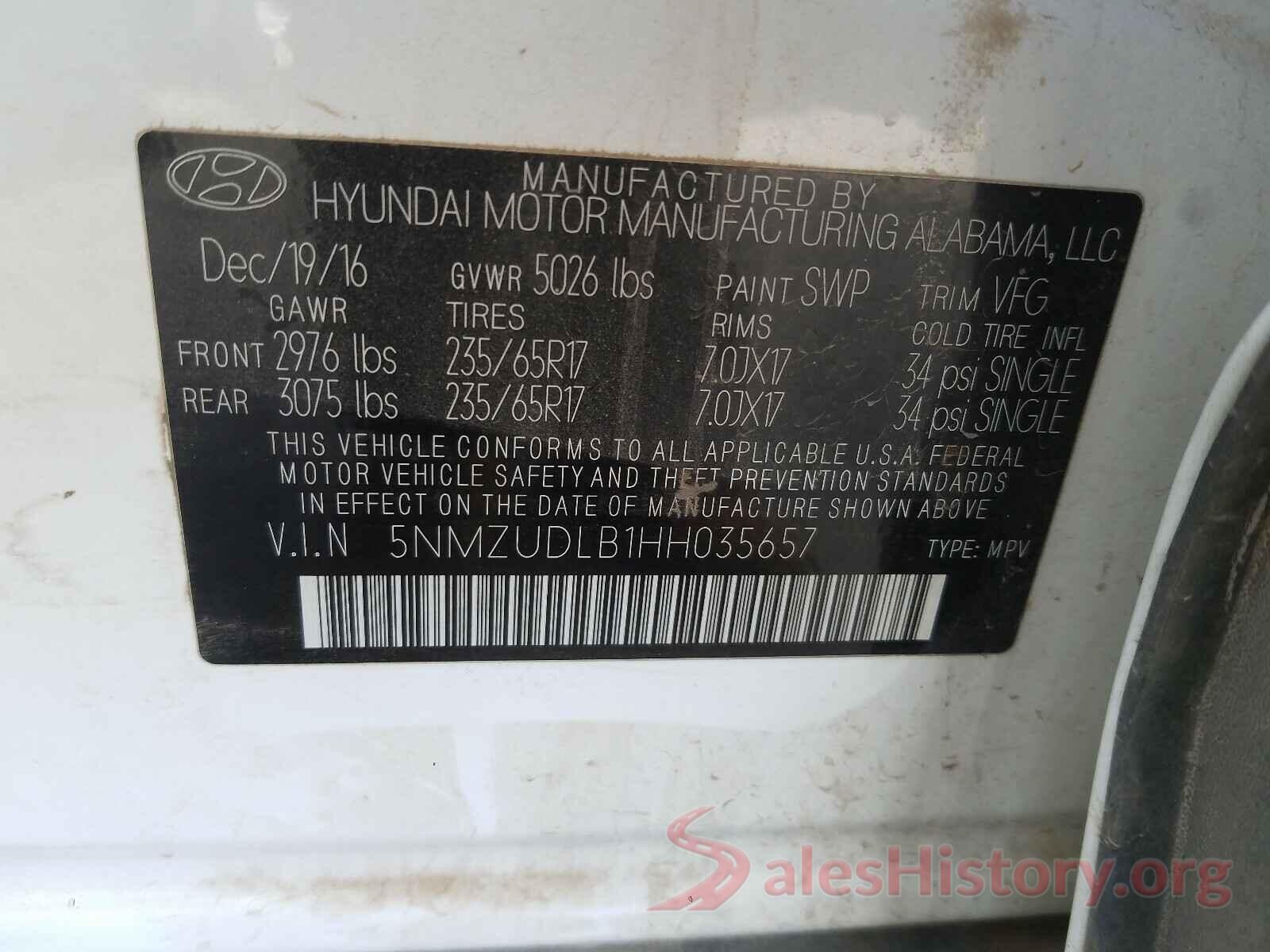 5NMZUDLB1HH035657 2017 HYUNDAI SANTA FE