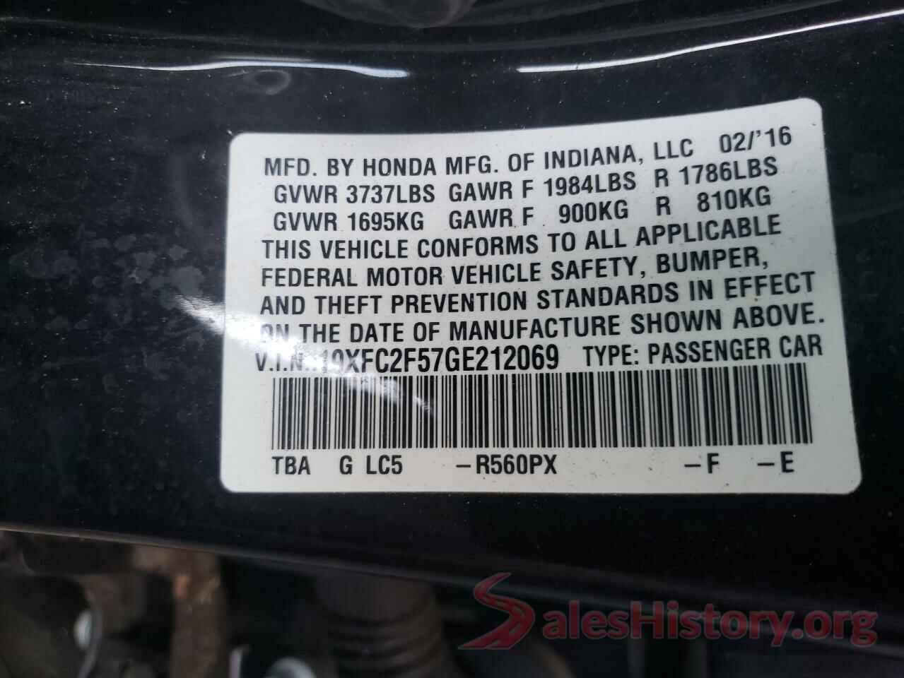 19XFC2F57GE212069 2016 HONDA CIVIC