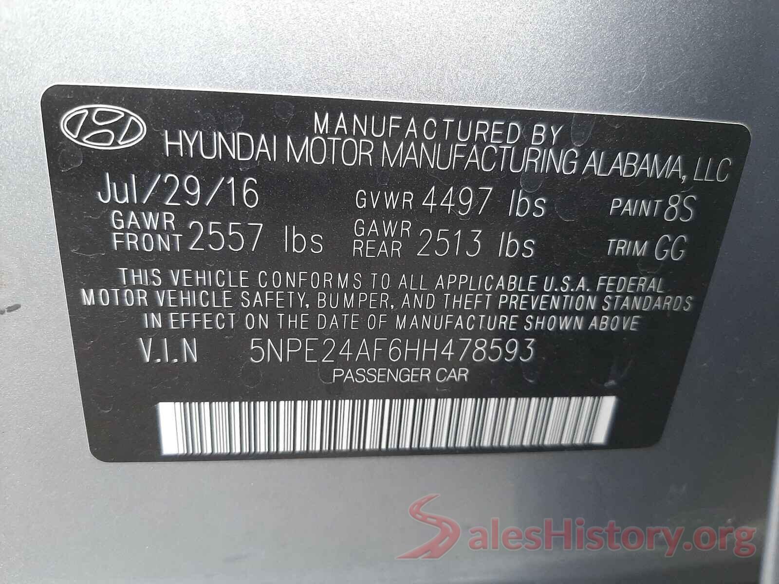 5NPE24AF6HH478593 2017 HYUNDAI SONATA