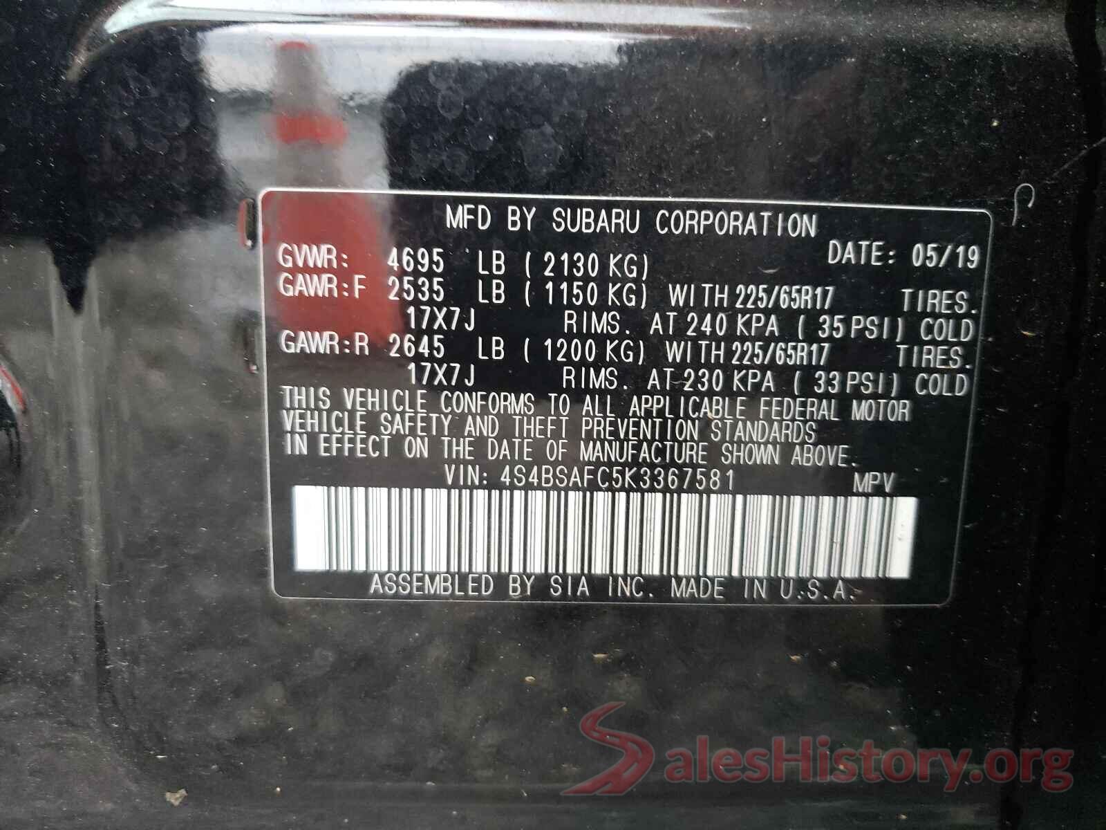 4S4BSAFC5K3367581 2019 SUBARU OUTBACK