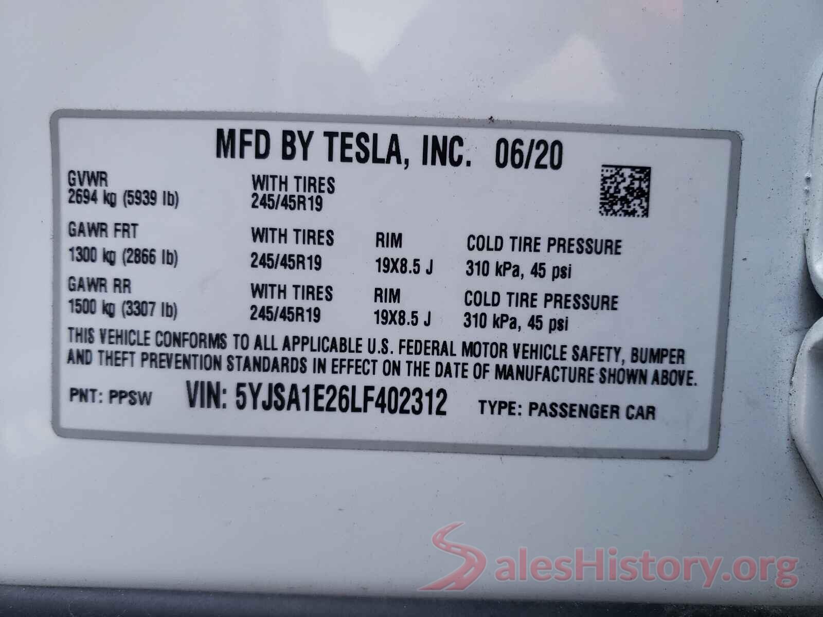 5YJSA1E26LF402312 2020 TESLA MODEL S