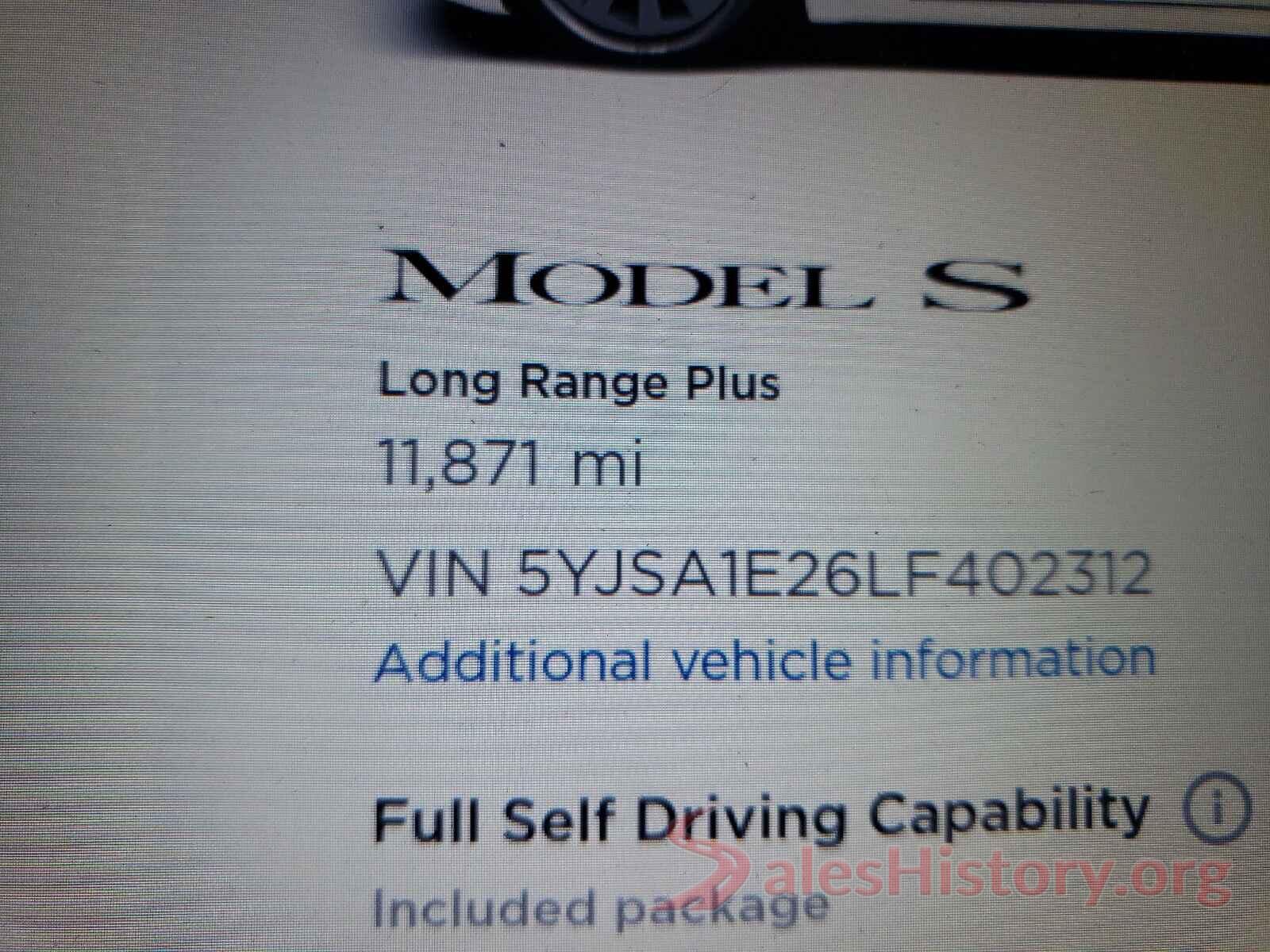 5YJSA1E26LF402312 2020 TESLA MODEL S