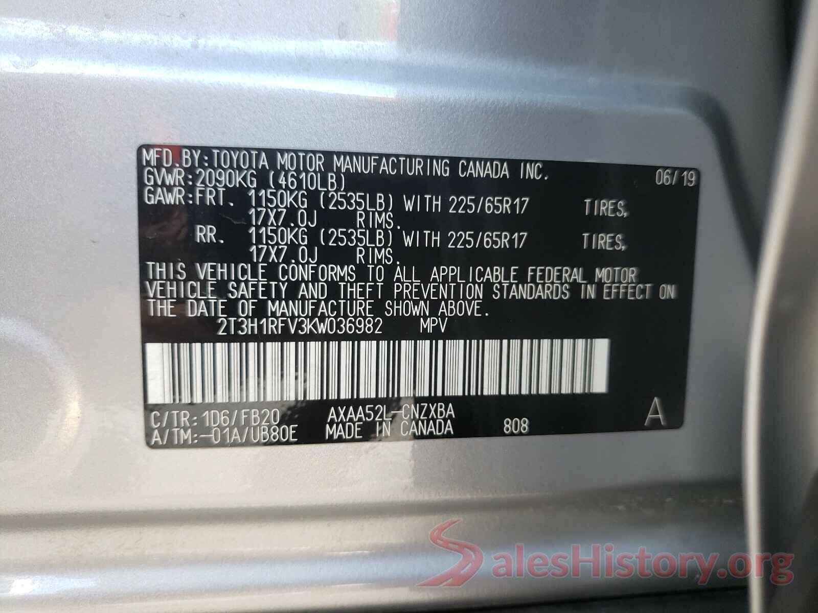 2T3H1RFV3KW036982 2019 TOYOTA RAV4