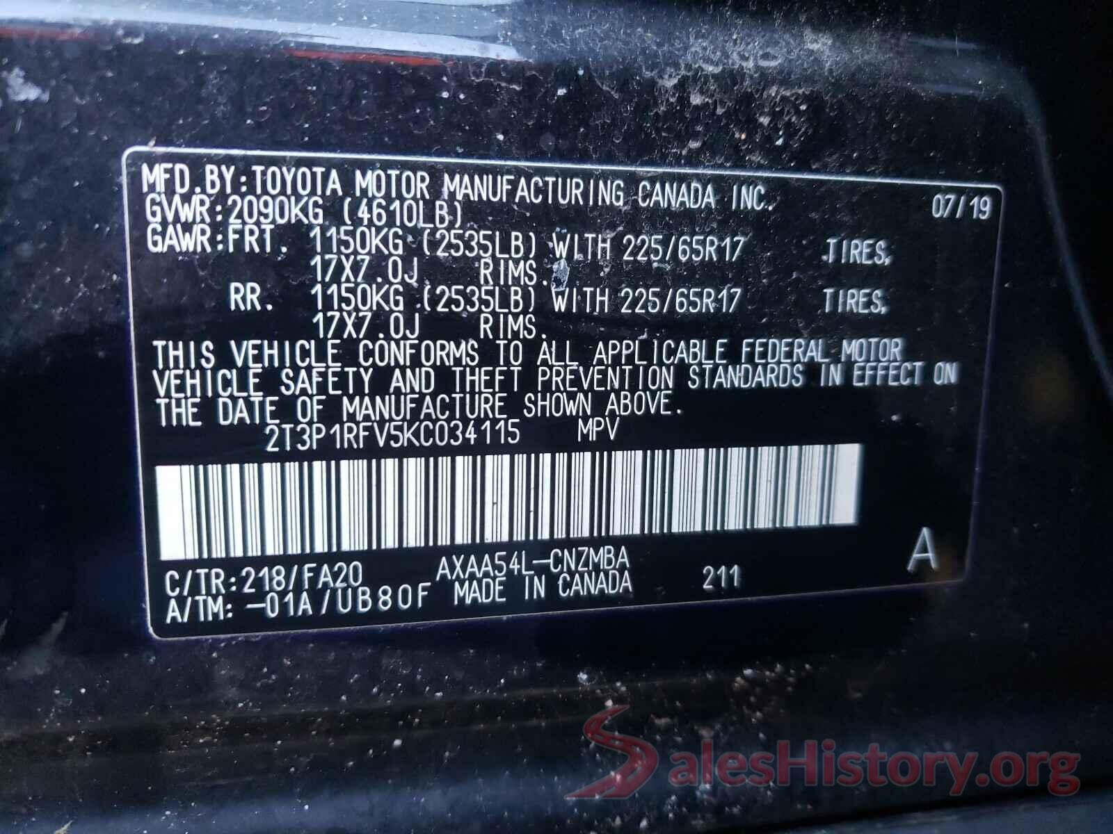 2T3P1RFV5KC034115 2019 TOYOTA RAV4