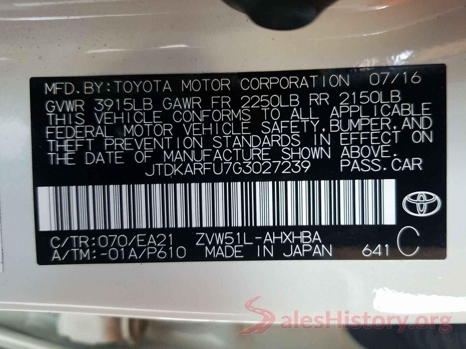 JTDKARFU7G3027239 2016 TOYOTA PRIUS