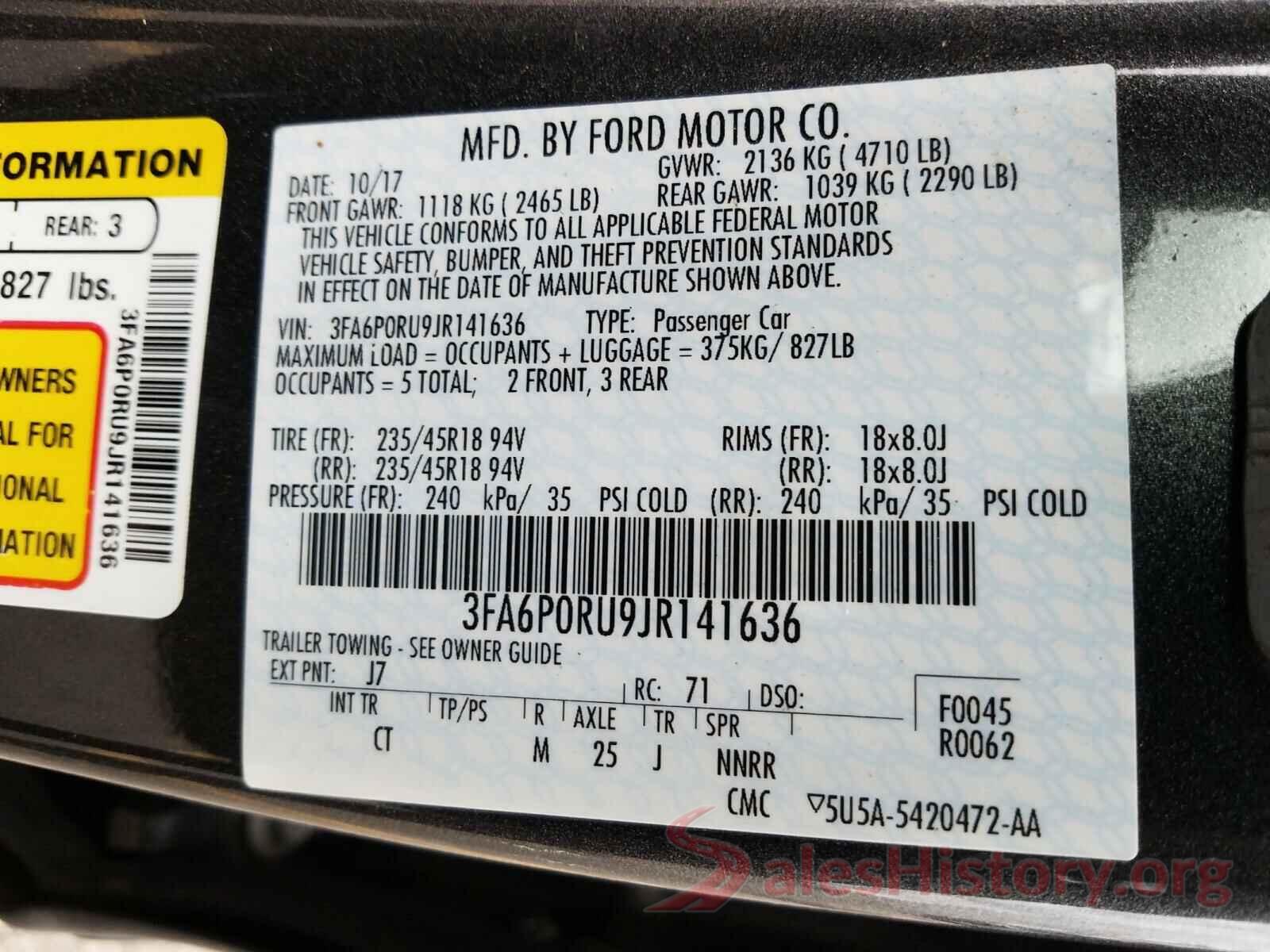 3FA6P0RU9JR141636 2018 FORD FUSION