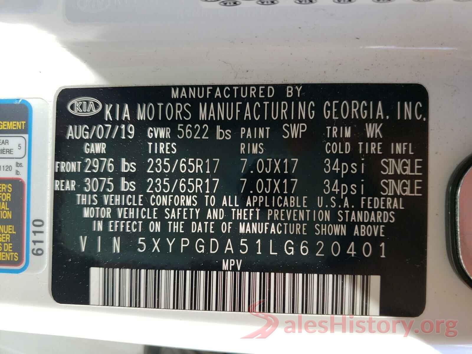 5XYPGDA51LG620401 2020 KIA SORENTO