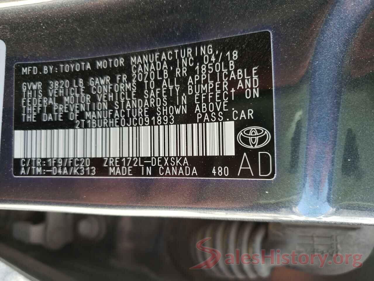 2T1BURHE0JC091893 2018 TOYOTA COROLLA