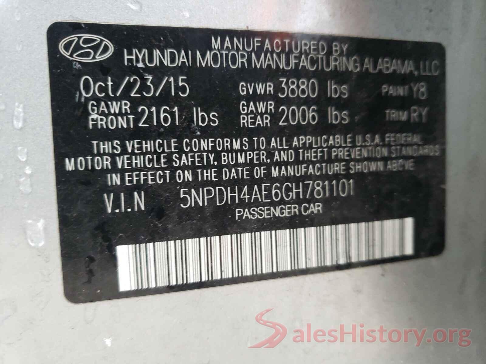 5NPDH4AE6GH781101 2016 HYUNDAI ELANTRA