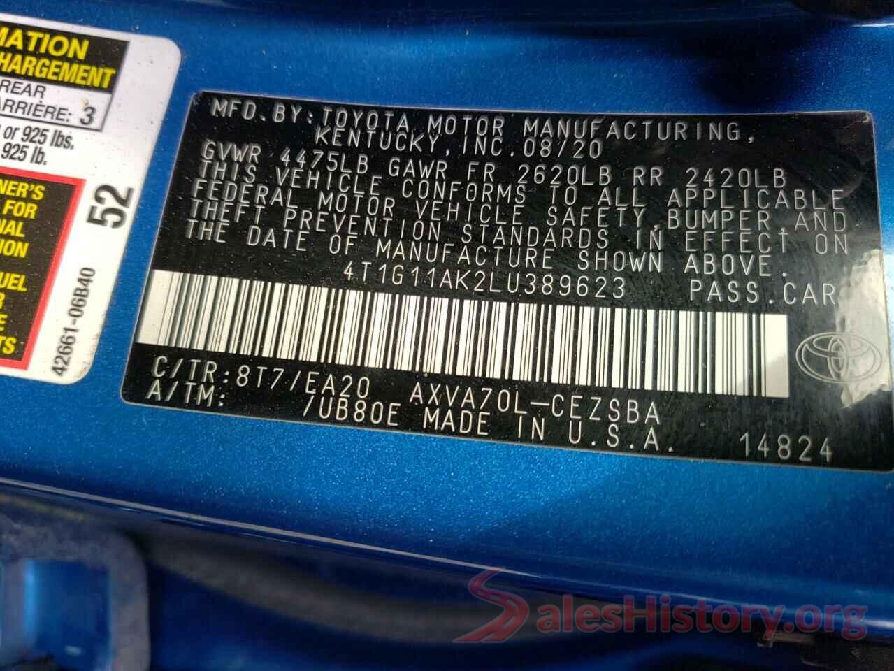 4T1G11AK2LU389623 2020 TOYOTA CAMRY