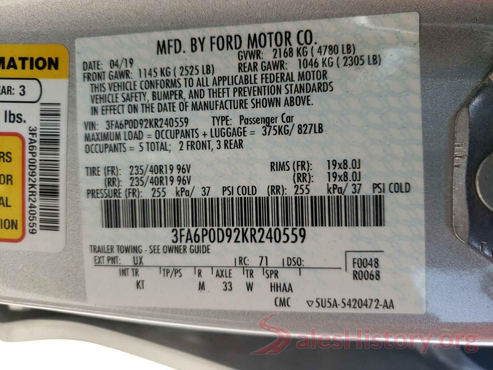 3FA6P0D92KR240559 2019 FORD FUSION