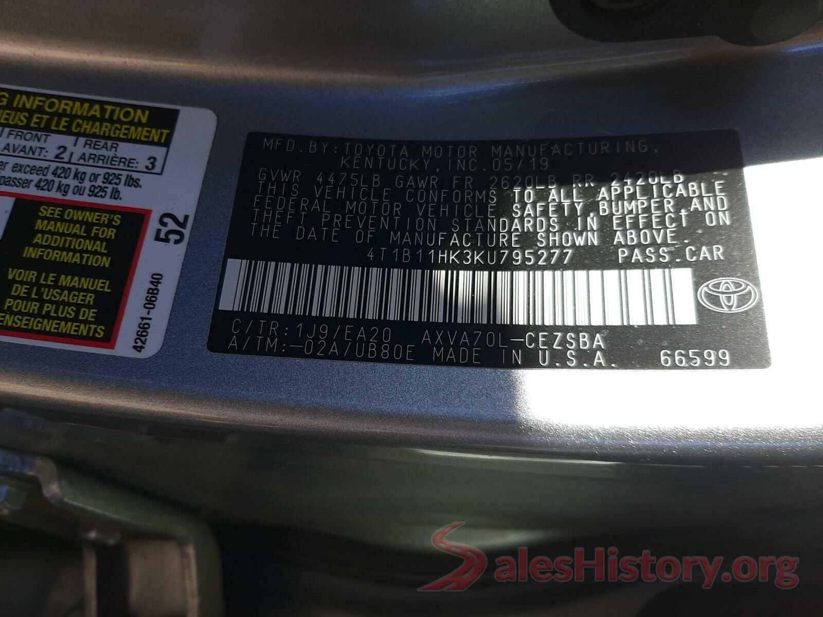 4T1B11HK3KU795277 2019 TOYOTA CAMRY