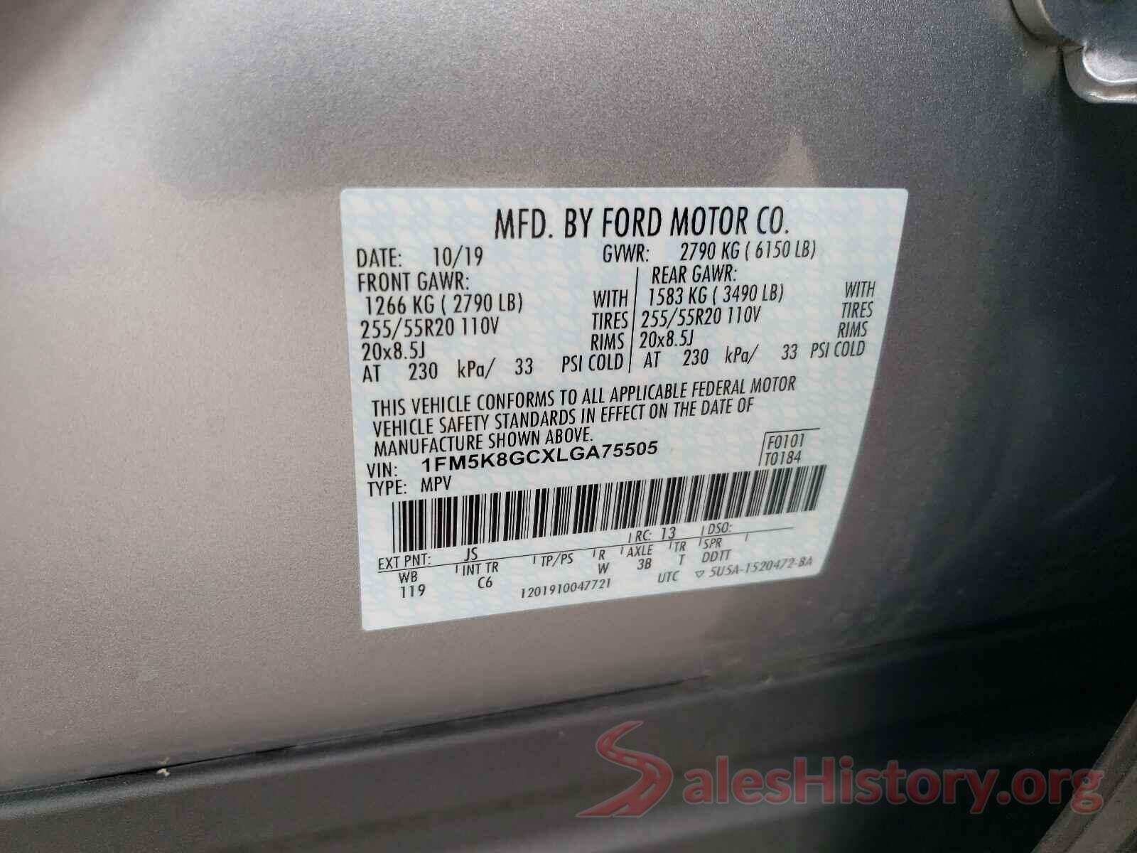 1FM5K8GCXLGA75505 2020 FORD EXPLORER