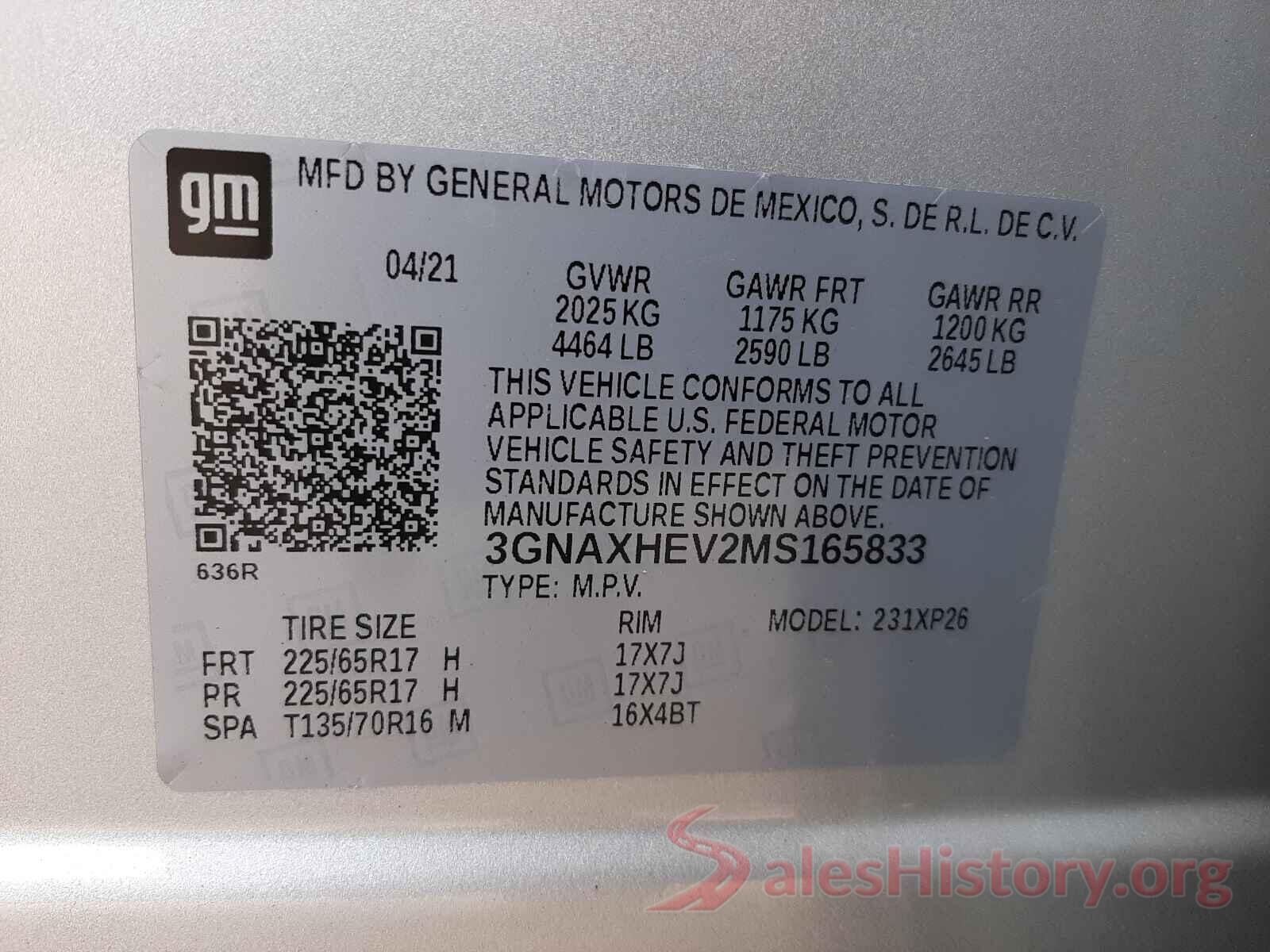 3GNAXHEV2MS165833 2021 CHEVROLET EQUINOX