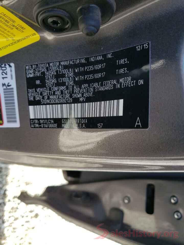 5TDYK3DC8GS692129 2016 TOYOTA SIENNA