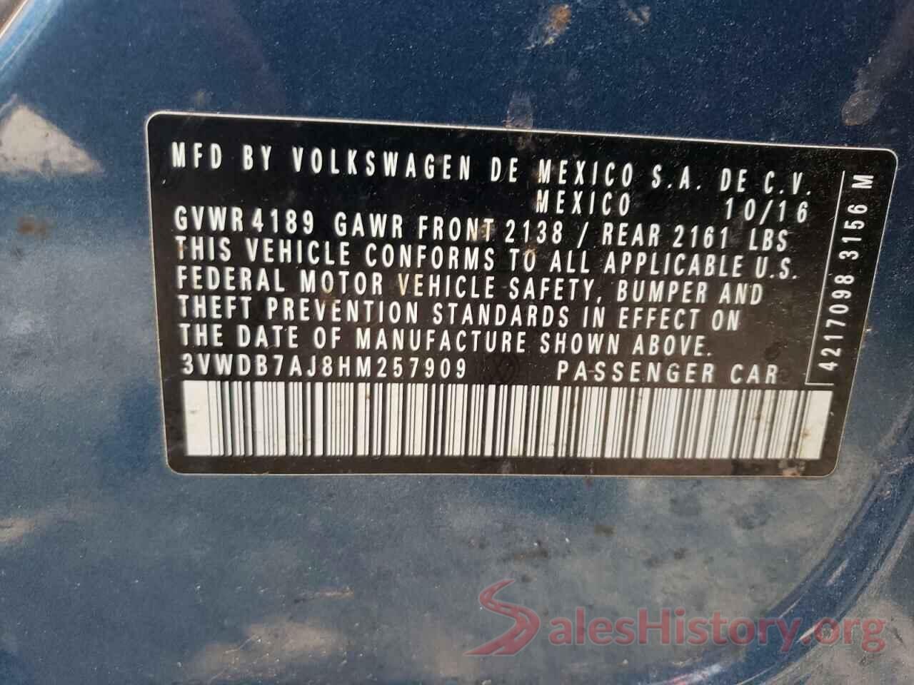 3VWDB7AJ8HM257909 2017 VOLKSWAGEN JETTA