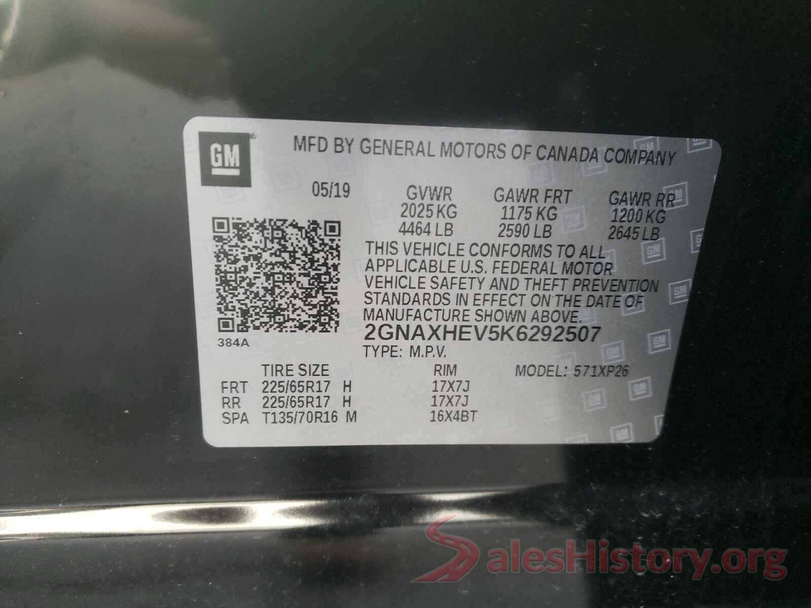 2GNAXHEV5K6292507 2019 CHEVROLET EQUINOX