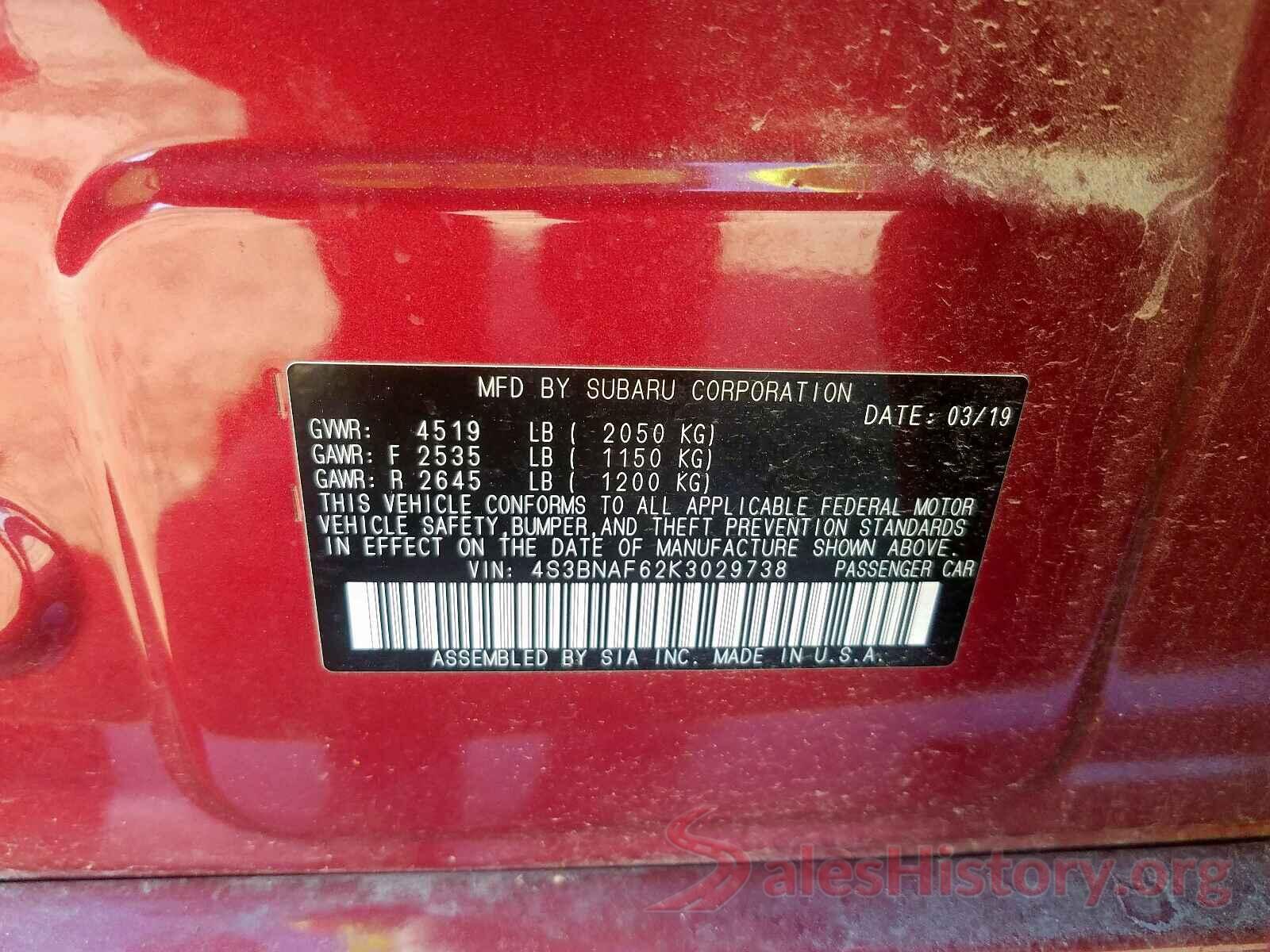 4S3BNAF62K3029738 2019 SUBARU LEGACY