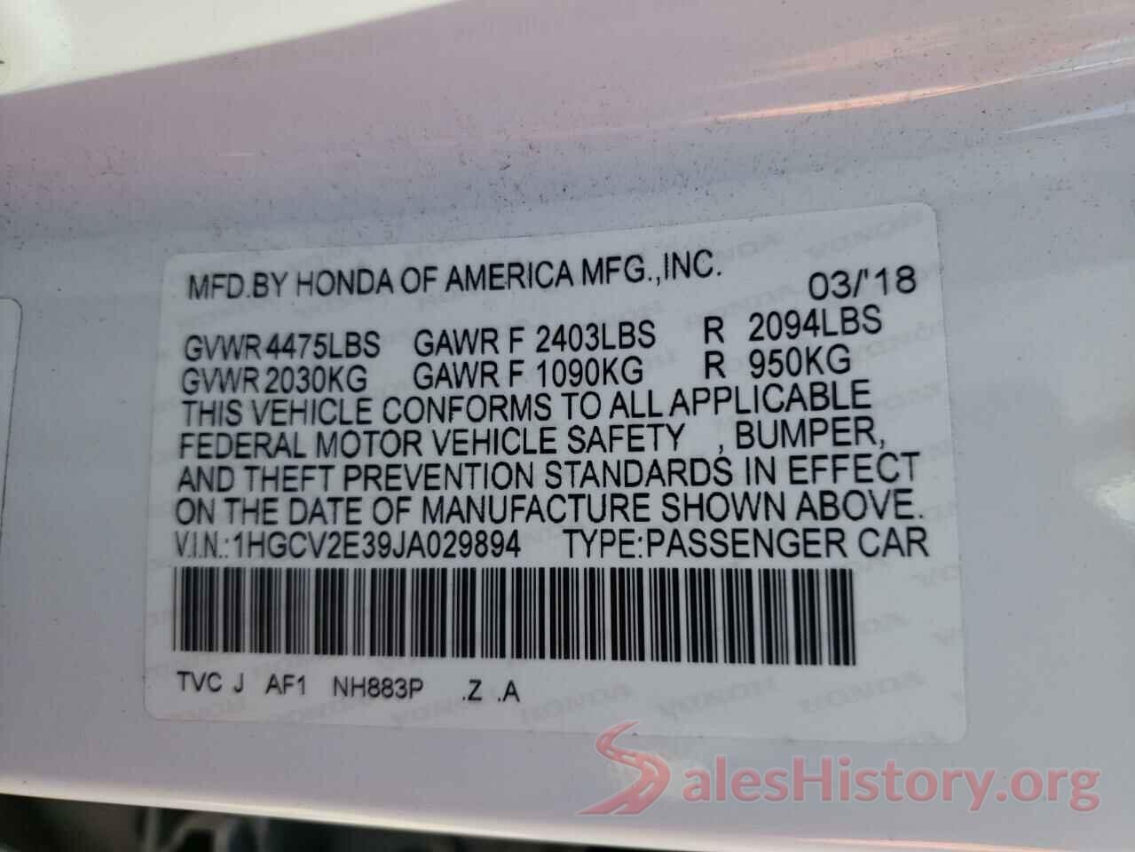 1HGCV2E39JA029894 2018 HONDA ACCORD